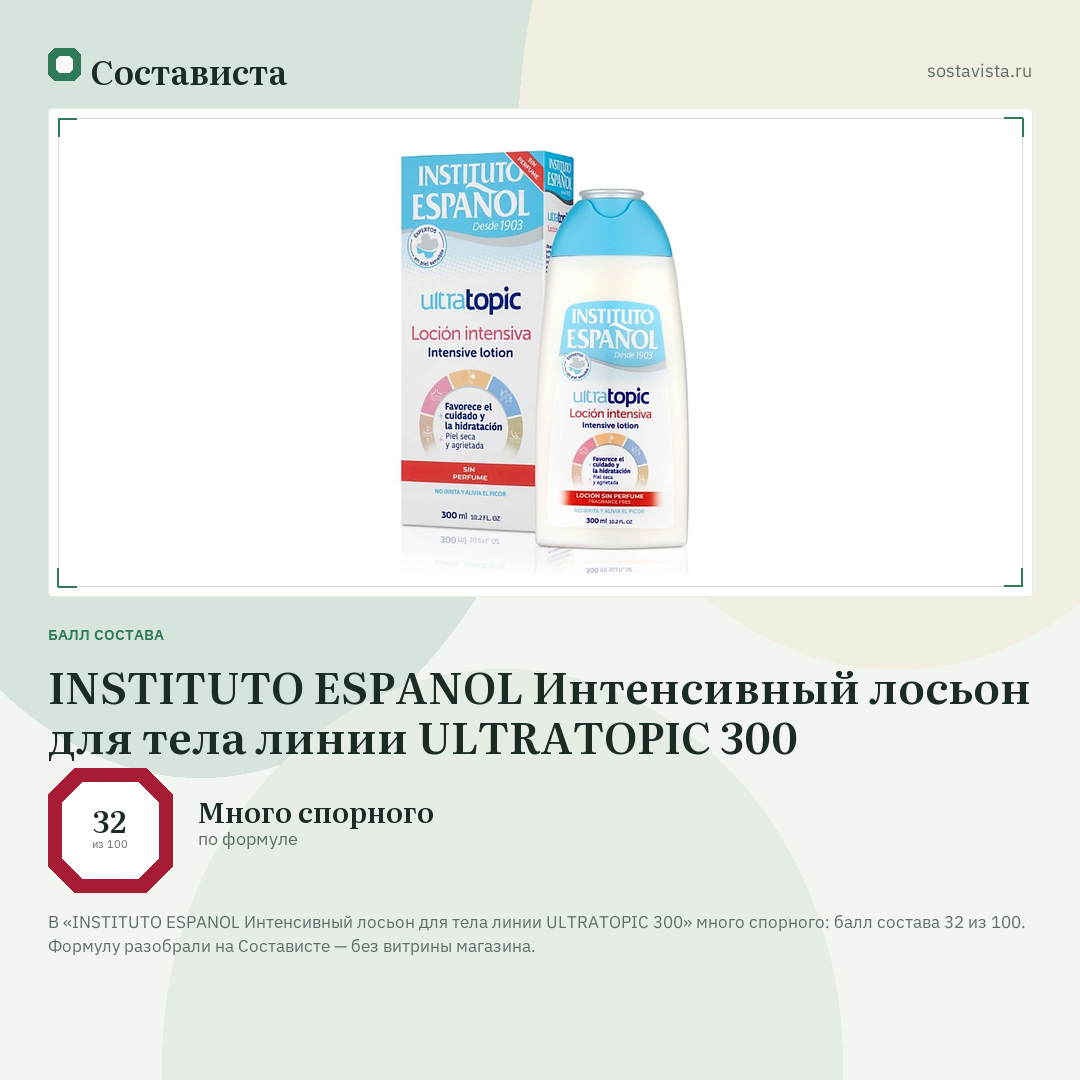 INSTITUTO ESPANOL Интенсивный лосьон для тела линии ULTRATOPIC 300: балл состава 32 из 100 — Состависта