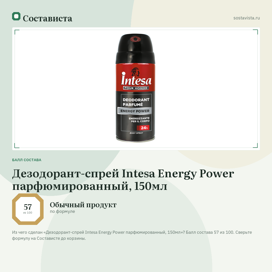 Дезодорант-спрей Intesa Energy Power парфюмированный, 150мл: балл состава 57 из 100 — Состависта