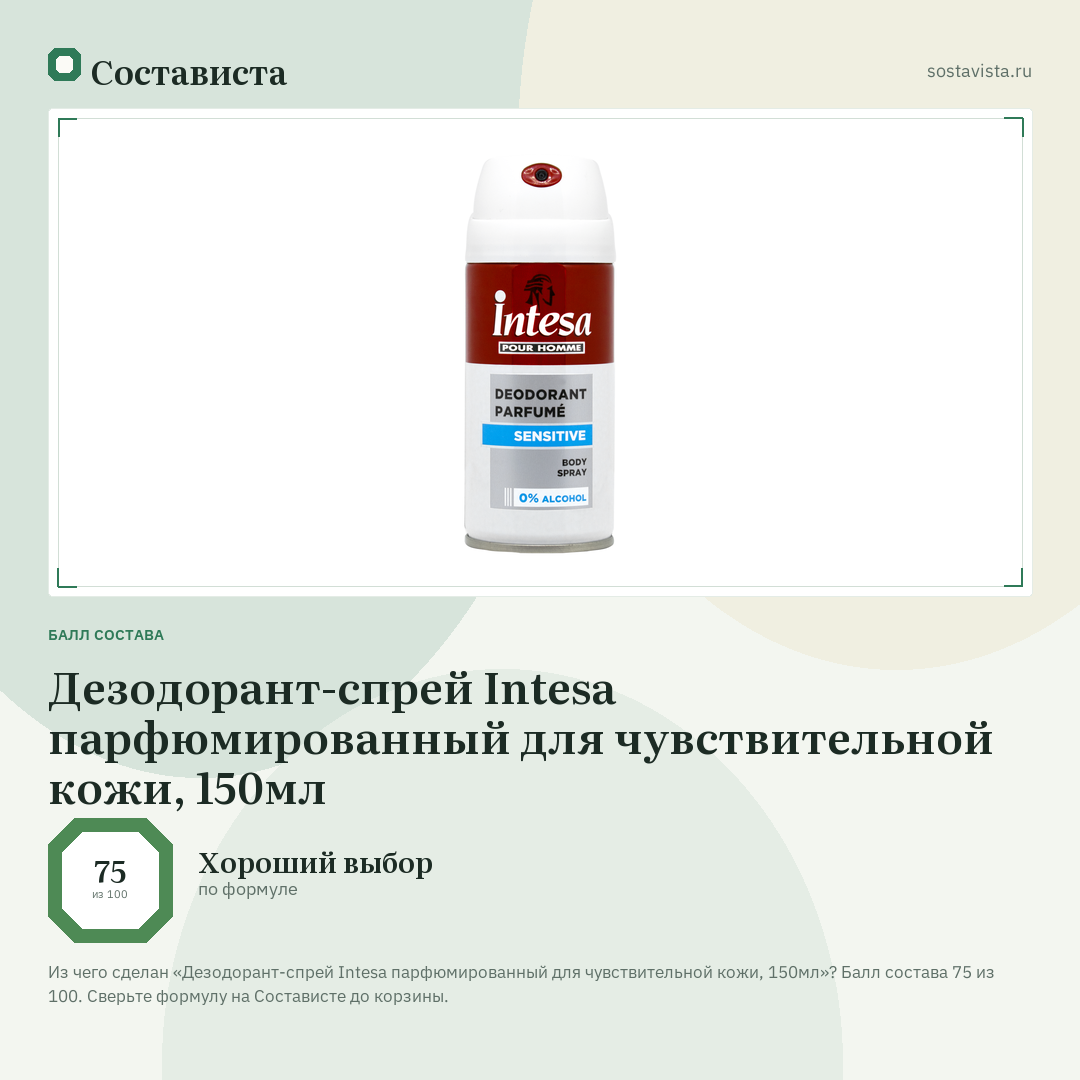 Дезодорант-спрей Intesa парфюмированный для чувствительной кожи, 150мл: балл состава 75 из 100 — Состависта