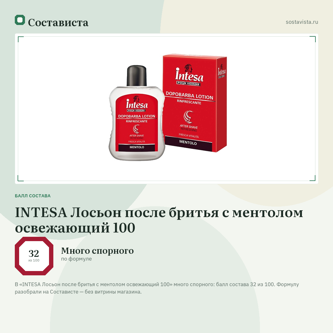 INTESA Лосьон после бритья с ментолом освежающий 100: балл состава 32 из 100 — Состависта