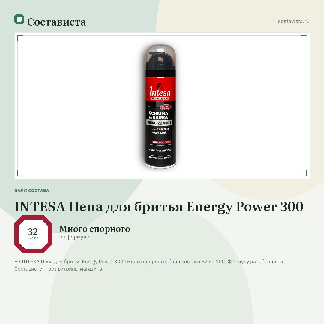 INTESA Пена для бритья Energy Power 300: балл состава 32 из 100 — Состависта