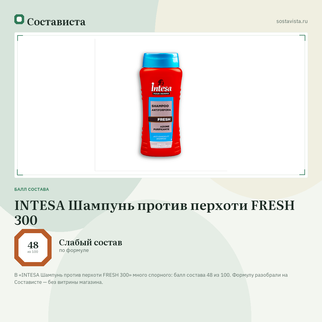 INTESA Шампунь против перхоти FRESH 300: балл состава 48 из 100 — Состависта