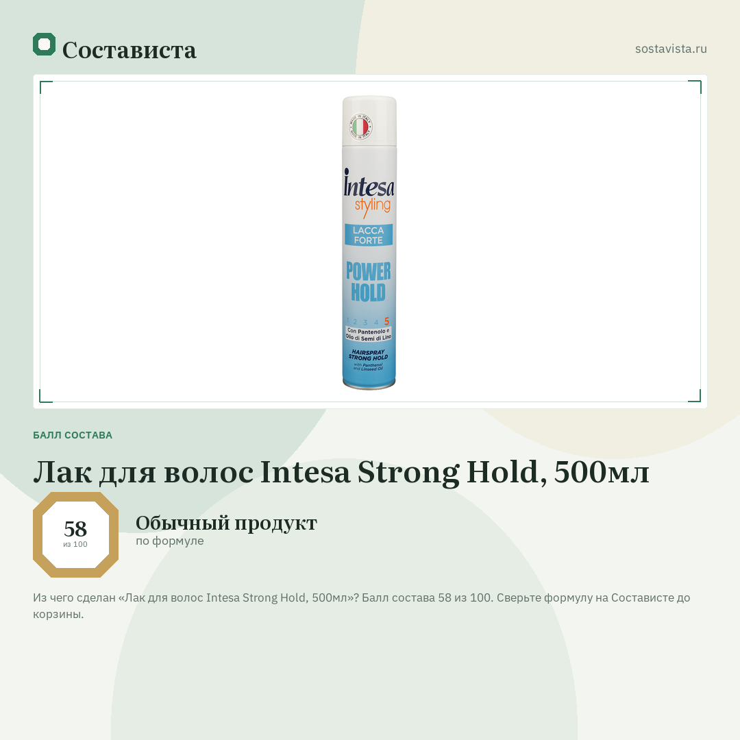 Лак для волос Intesa Strong Hold, 500мл: балл состава 58 из 100 — Состависта