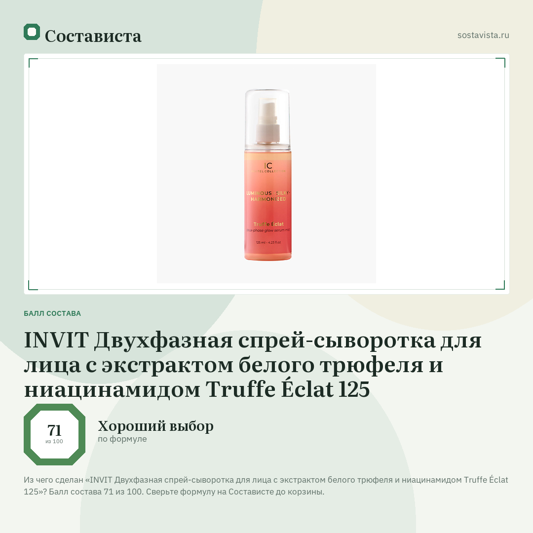 INVIT Двухфазная спрей-сыворотка для лица с экстрактом белого трюфеля и ниацинамидом Truffe Éclat 125: балл состава 71 из 100 — Состависта