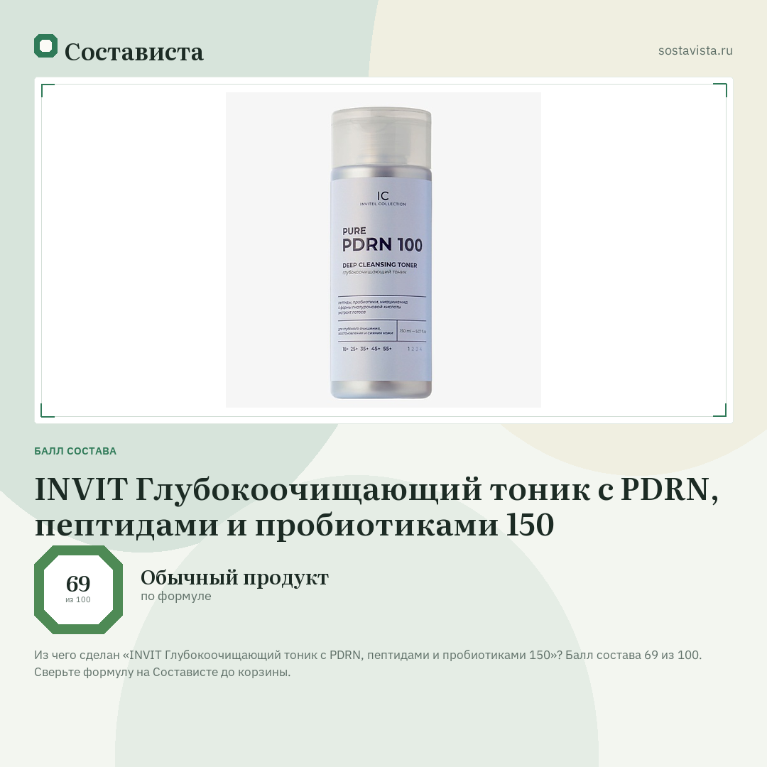 INVIT Глубокоочищающий тоник с PDRN, пептидами и пробиотиками 150: балл состава 69 из 100 — Состависта