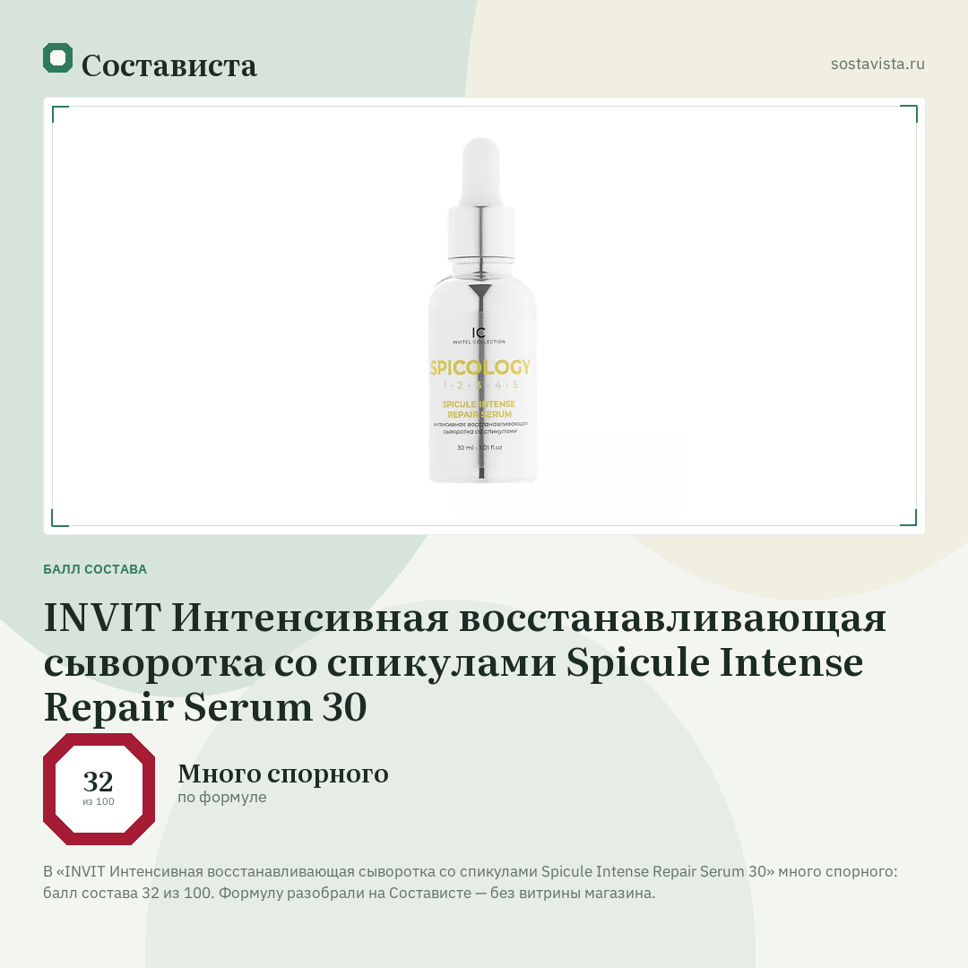 INVIT Интенсивная восстанавливающая сыворотка со спикулами Spicule Intense Repair Serum 30: балл состава 32 из 100 — Состависта