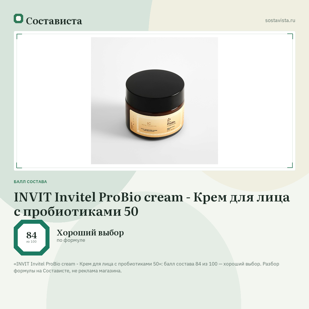 INVIT Invitel ProBio cream - Крем для лица с пробиотиками 50: балл состава 84 из 100 — Состависта