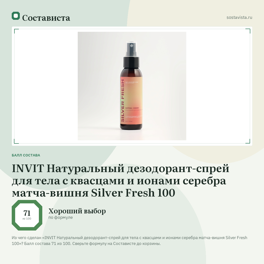 INVIT Натуральный дезодорант-спрей для тела с квасцами и ионами серебра матча-вишня Silver Fresh 100: балл состава 71 из 100 — Состависта