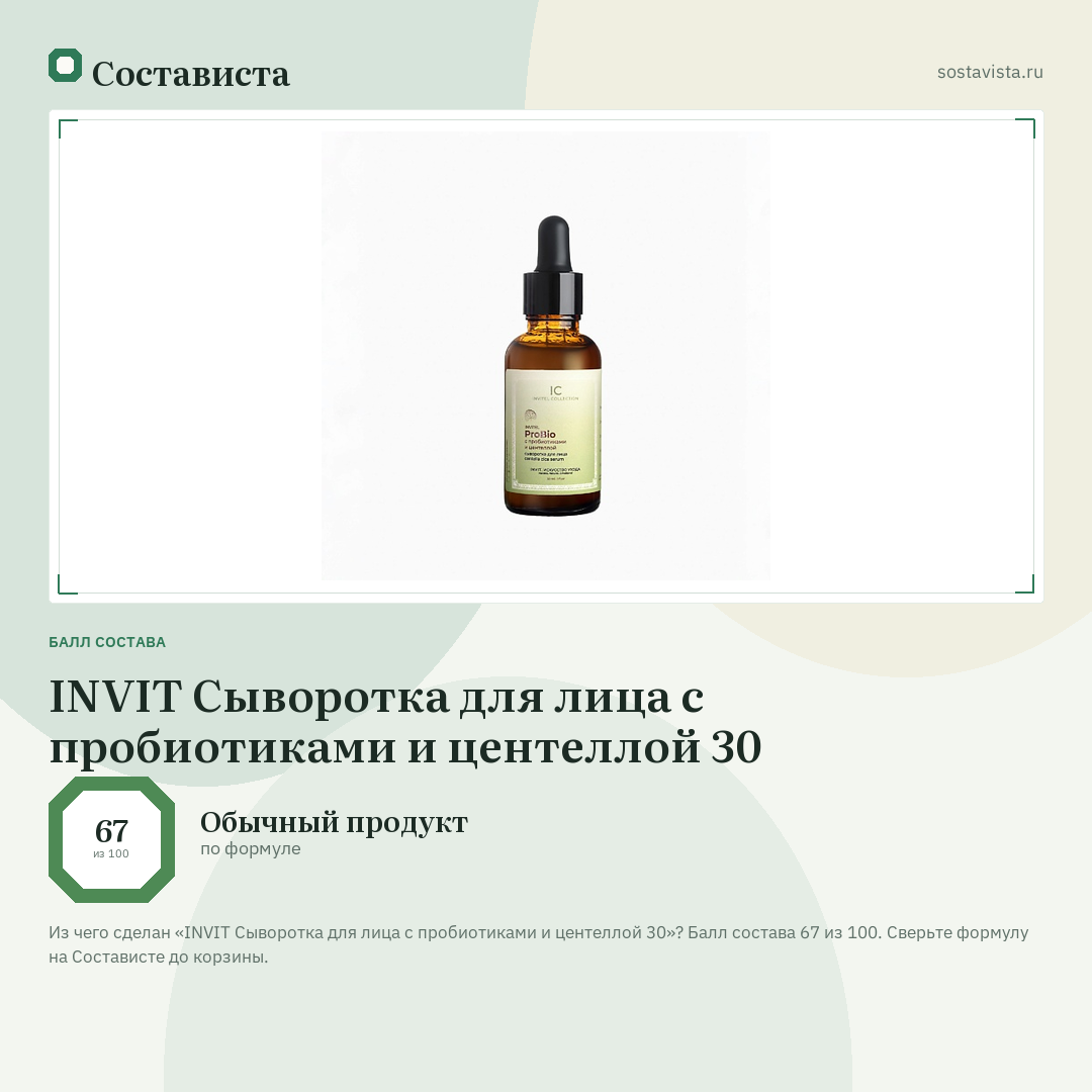INVIT Сыворотка для лица с пробиотиками и центеллой 30: балл состава 67 из 100 — Состависта