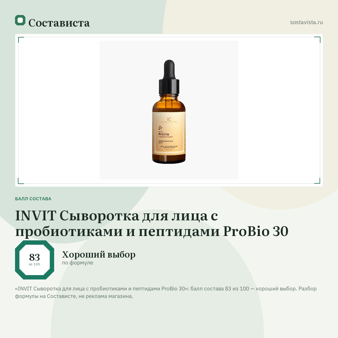 INVIT Сыворотка для лица с пробиотиками и пептидами ProBio 30: балл состава 83 из 100 — Состависта