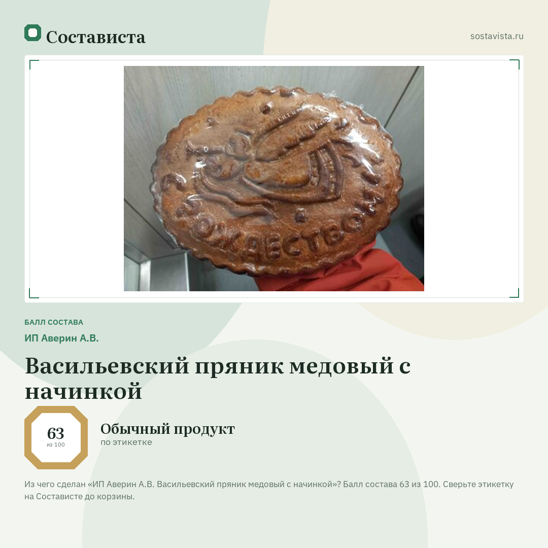 ИП Аверин А.В. Васильевский пряник медовый с начинкой: балл состава 63 из 100 — Состависта