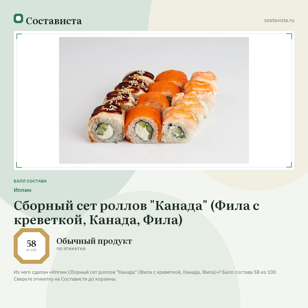 Иппин Сборный сет роллов "Канада" (Фила с креветкой, Канада, Фила): балл состава 58 из 100 — Состависта
