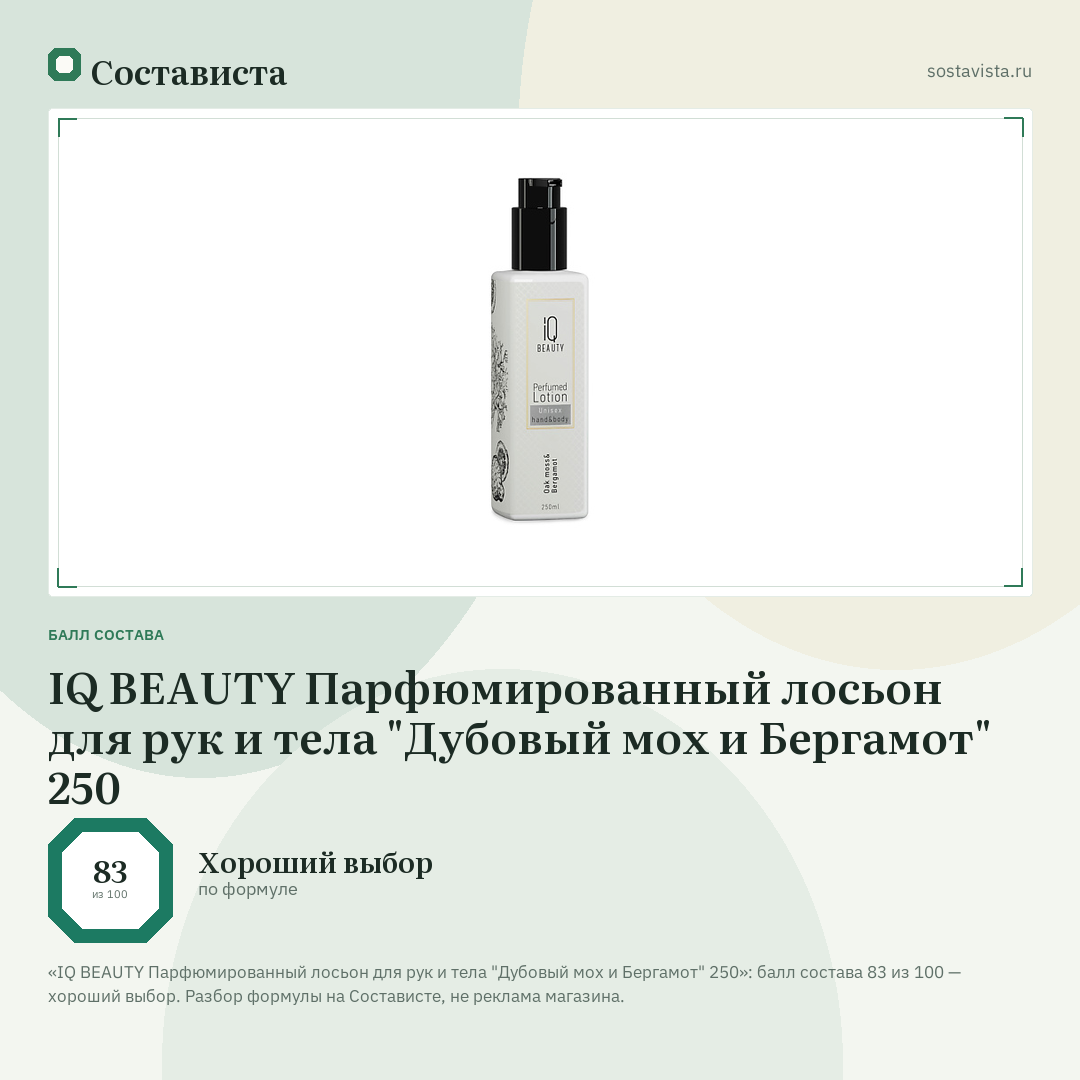 IQ BEAUTY Парфюмированный лосьон для рук и тела "Дубовый мох и Бергамот" 250: балл состава 83 из 100 — Состависта
