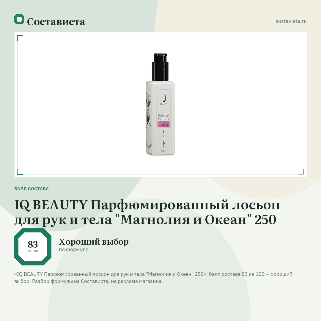 IQ BEAUTY Парфюмированный лосьон для рук и тела "Магнолия и Океан" 250: балл состава 83 из 100 — Состависта