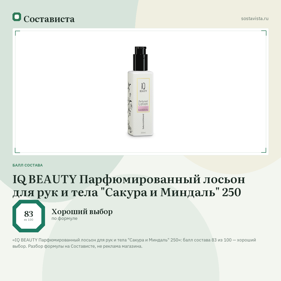 IQ BEAUTY Парфюмированный лосьон для рук и тела "Сакура и Миндаль" 250: балл состава 83 из 100 — Состависта