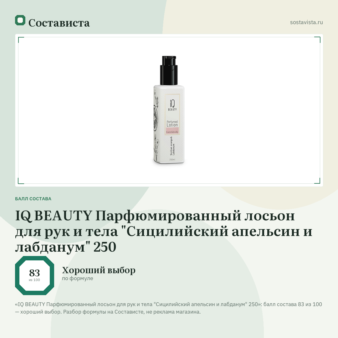 IQ BEAUTY Парфюмированный лосьон для рук и тела "Сицилийский апельсин и лабданум" 250: балл состава 83 из 100 — Состависта