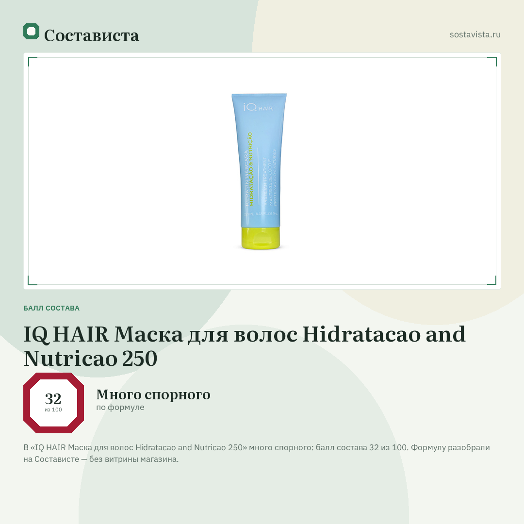 IQ HAIR Маска для волос Hidratacao and Nutricao 250: балл состава 32 из 100 — Состависта