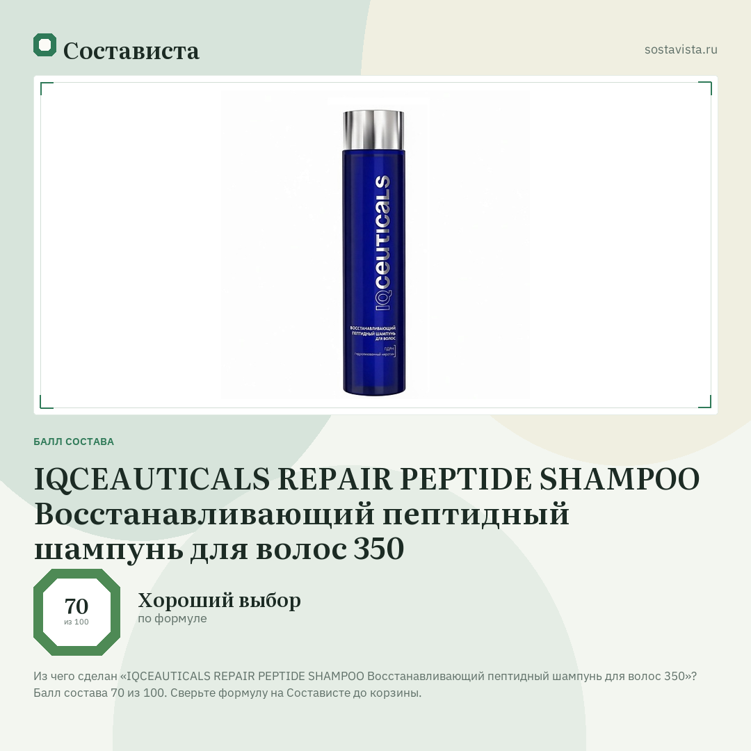 IQCEAUTICALS REPAIR PEPTIDE SHAMPOO Восстанавливающий пептидный шампунь для волос 350: балл состава 70 из 100 — Состависта
