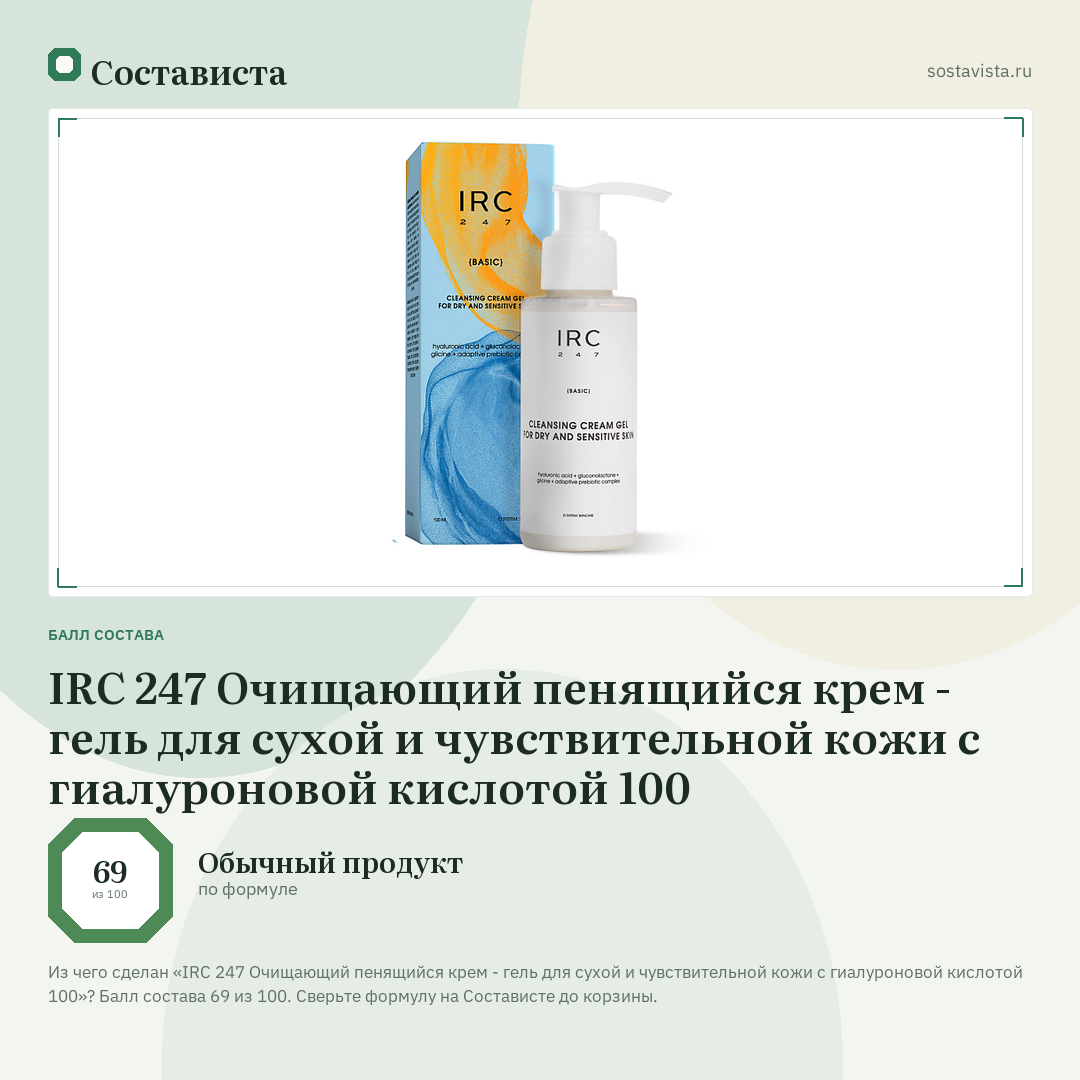 IRC 247 Очищающий пенящийся крем - гель для сухой и чувствительной кожи с гиалуроновой кислотой 100: балл состава 69 из 100 — Состависта