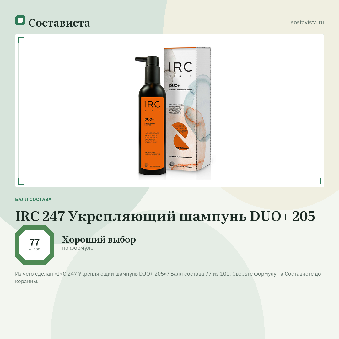 IRC 247 Укрепляющий шампунь DUO+ 205: балл состава 77 из 100 — Состависта