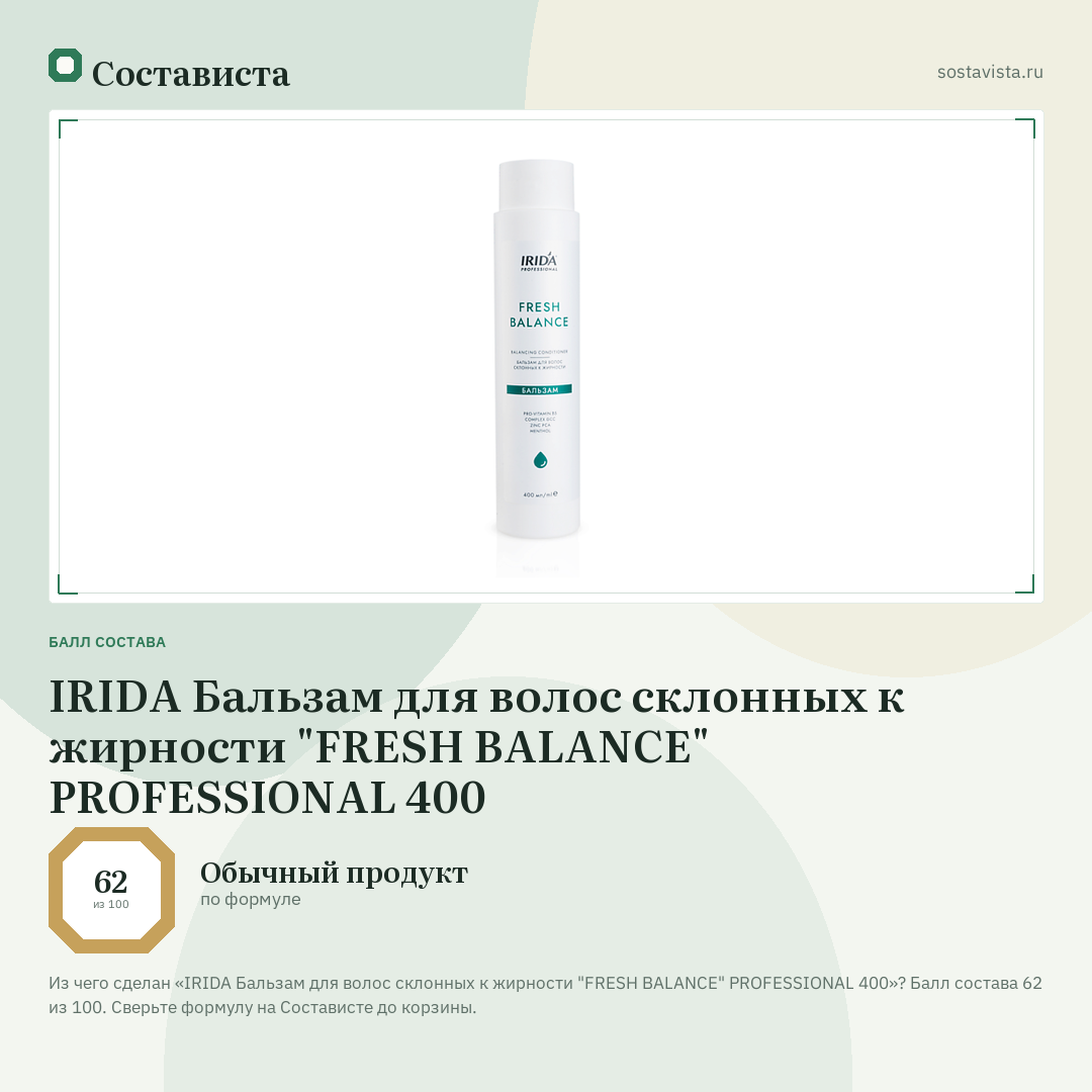 IRIDA Бальзам для волос склонных к жирности "FRESH BALANCE" PROFESSIONAL 400: балл состава 62 из 100 — Состависта