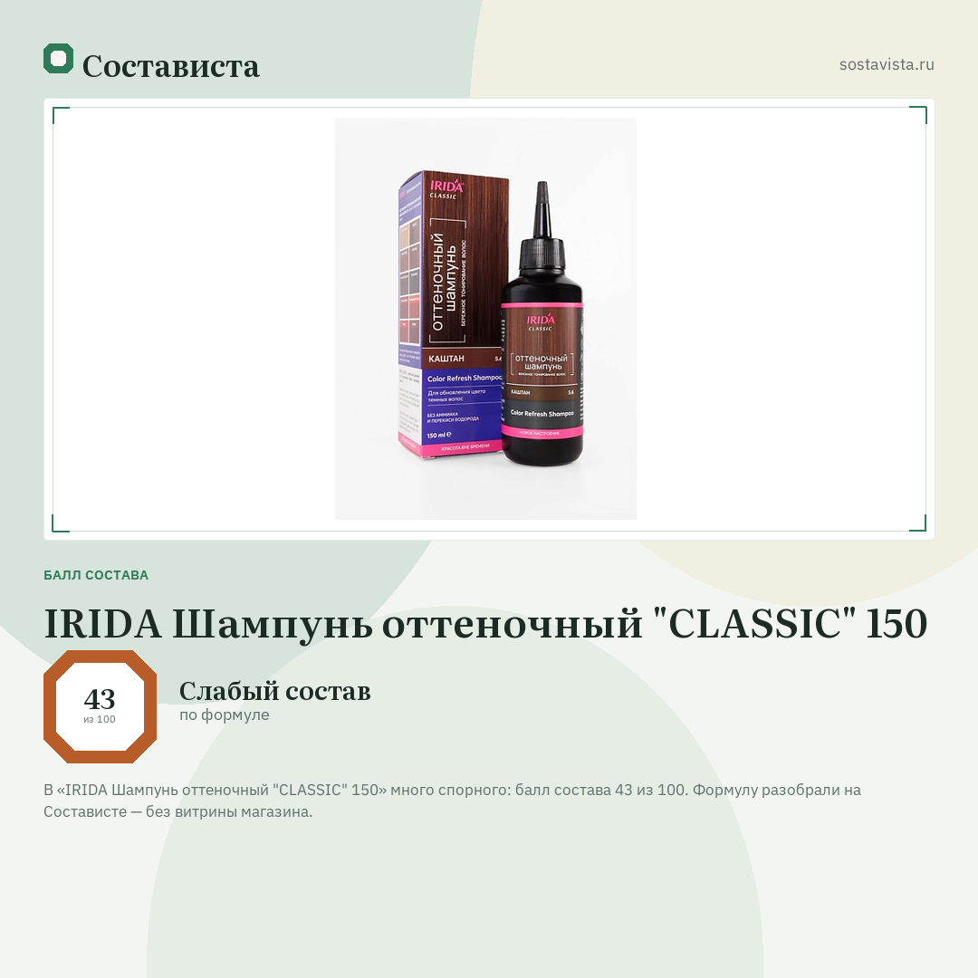 IRIDA Шампунь оттеночный "CLASSIC" 150: балл состава 43 из 100 — Состависта