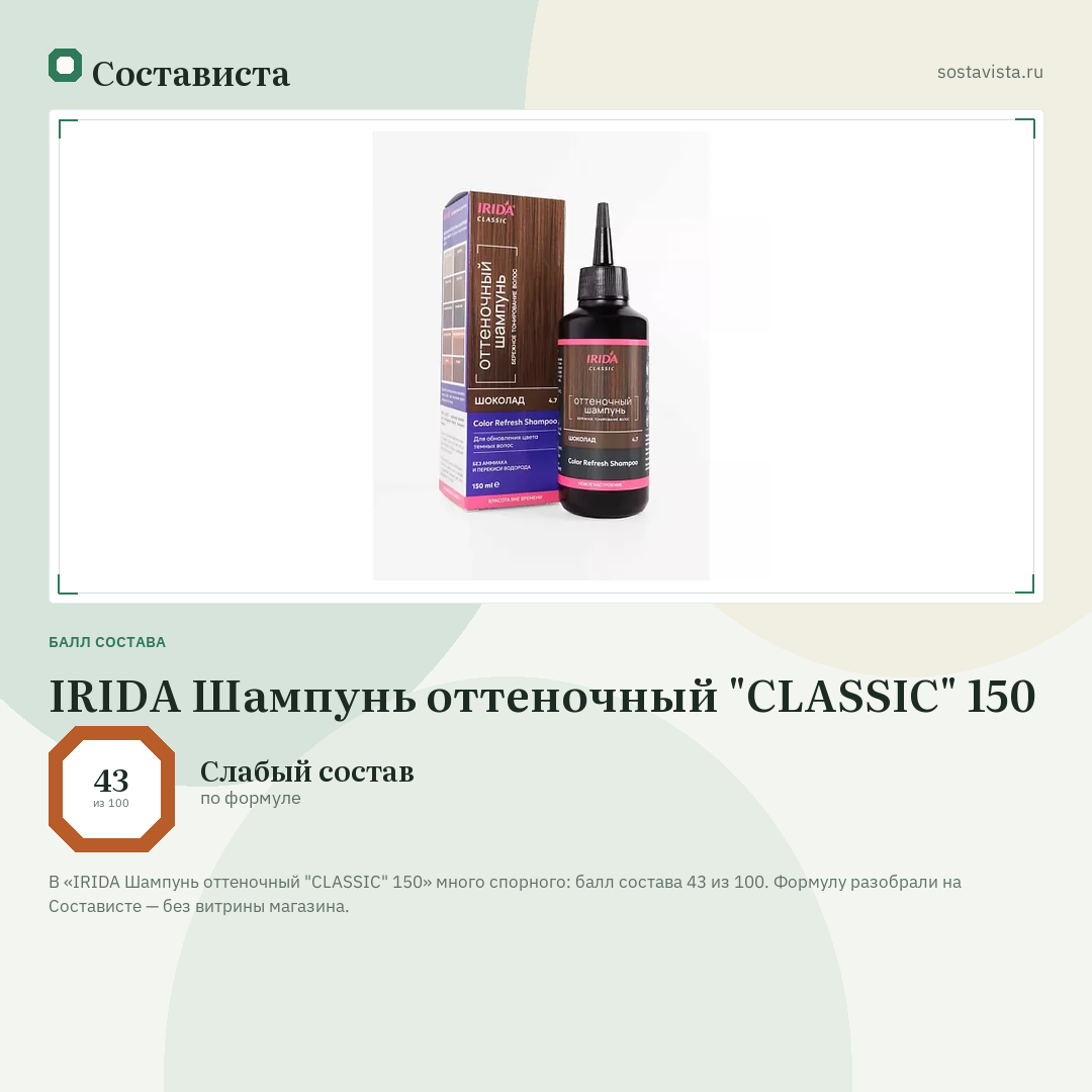 IRIDA Шампунь оттеночный "CLASSIC" 150: балл состава 43 из 100 — Состависта