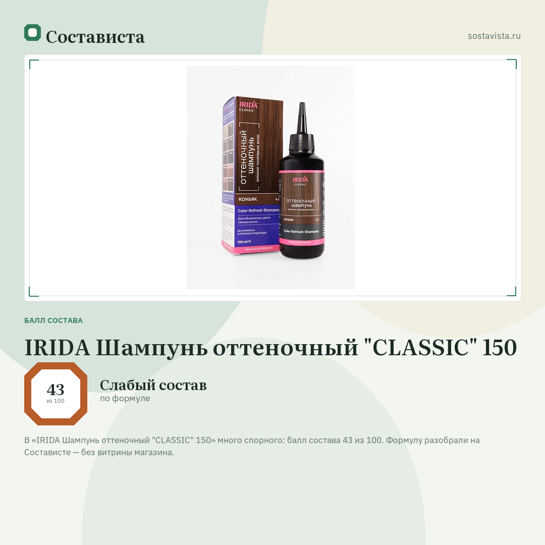 IRIDA Шампунь оттеночный "CLASSIC" 150: балл состава 43 из 100 — Состависта