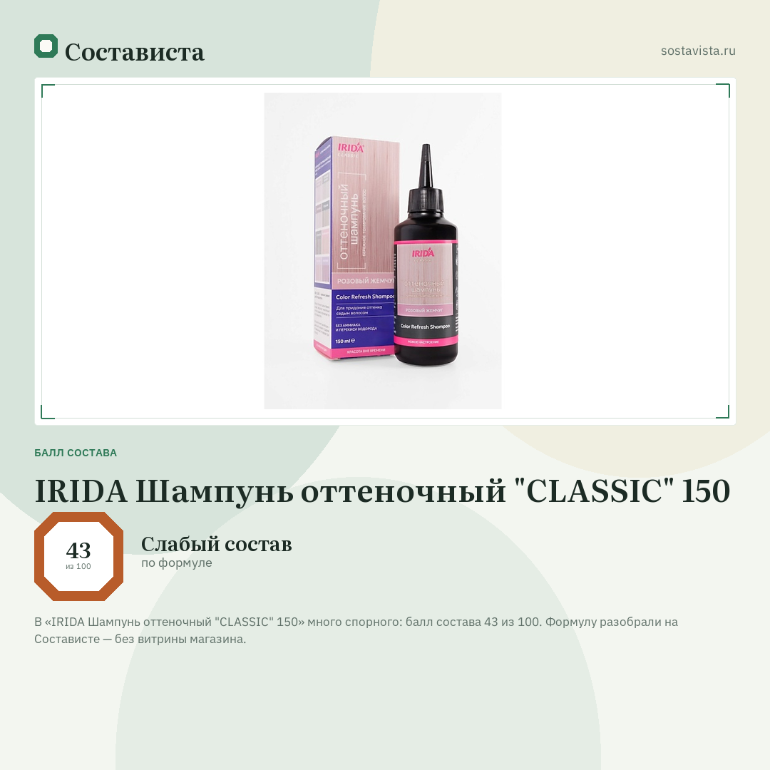 IRIDA Шампунь оттеночный "CLASSIC" 150: балл состава 43 из 100 — Состависта