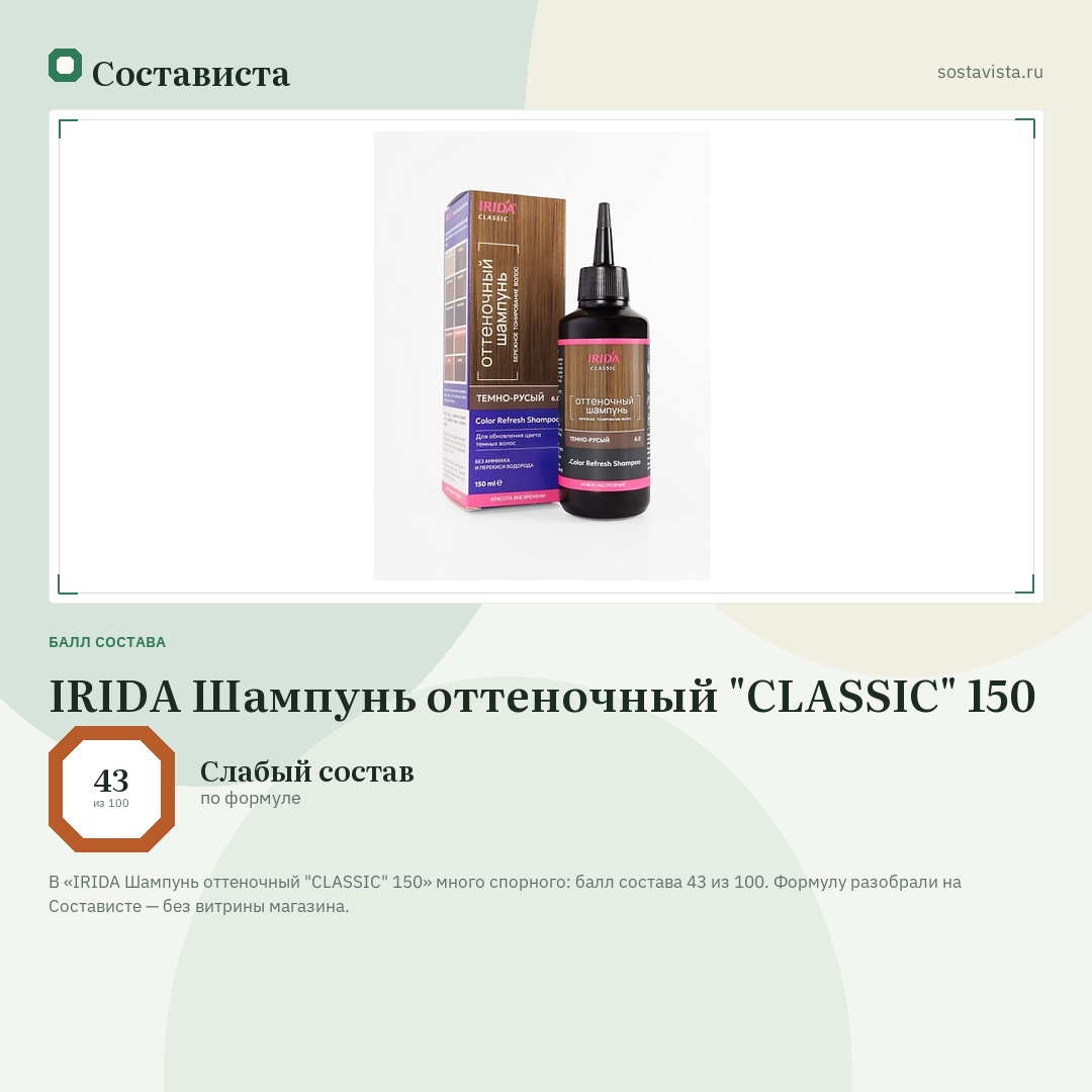 IRIDA Шампунь оттеночный "CLASSIC" 150: балл состава 43 из 100 — Состависта