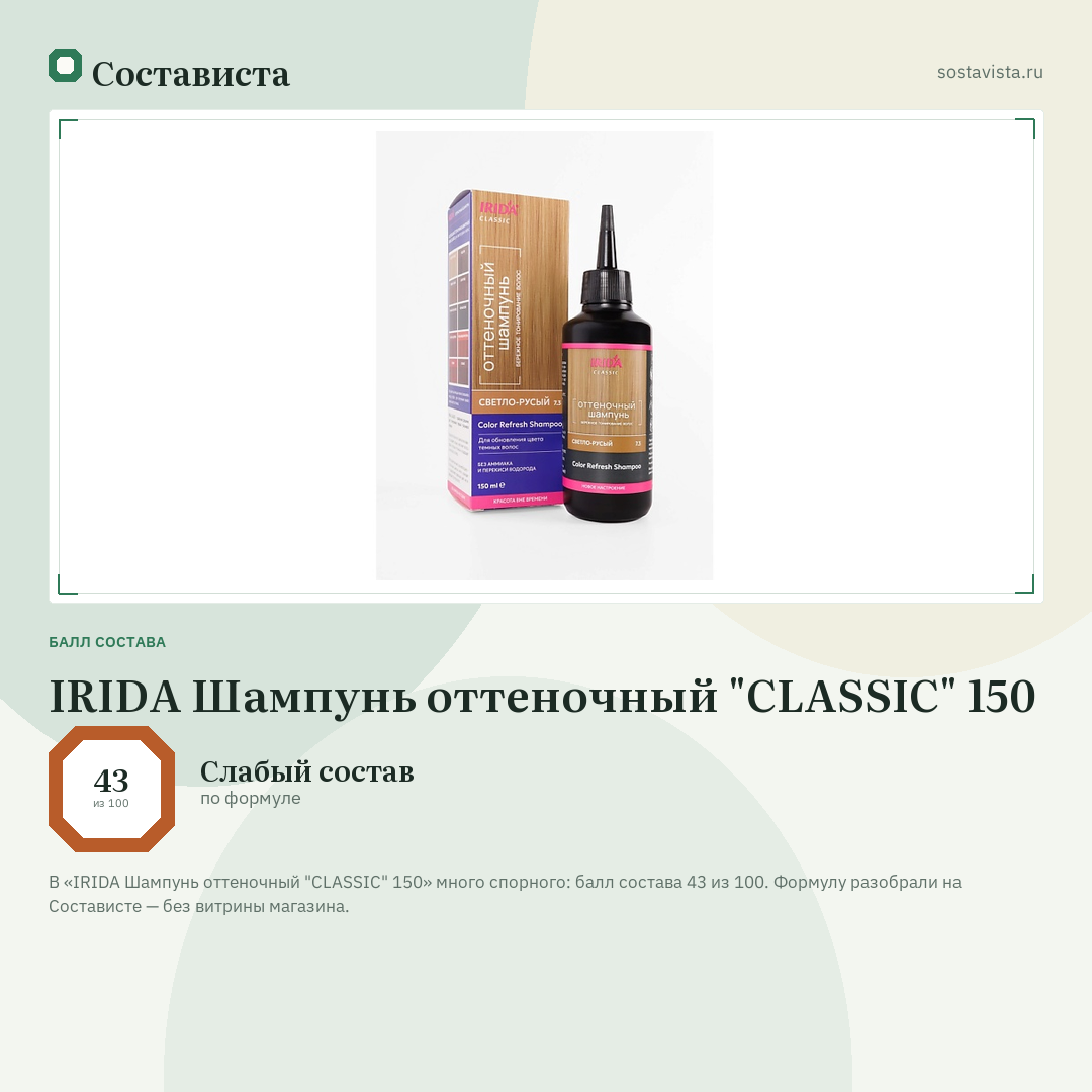 IRIDA Шампунь оттеночный "CLASSIC" 150: балл состава 43 из 100 — Состависта