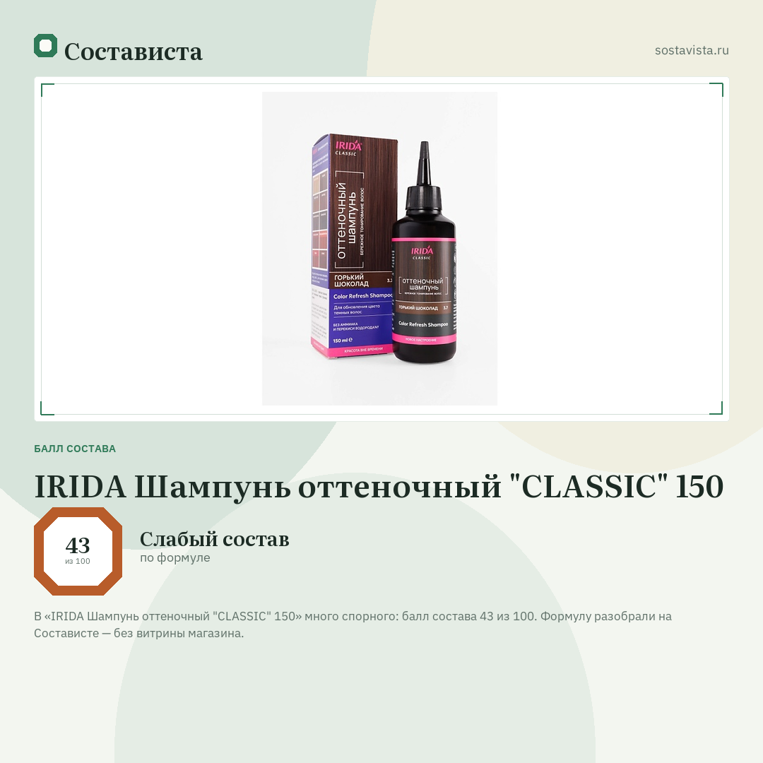 IRIDA Шампунь оттеночный "CLASSIC" 150: балл состава 43 из 100 — Состависта