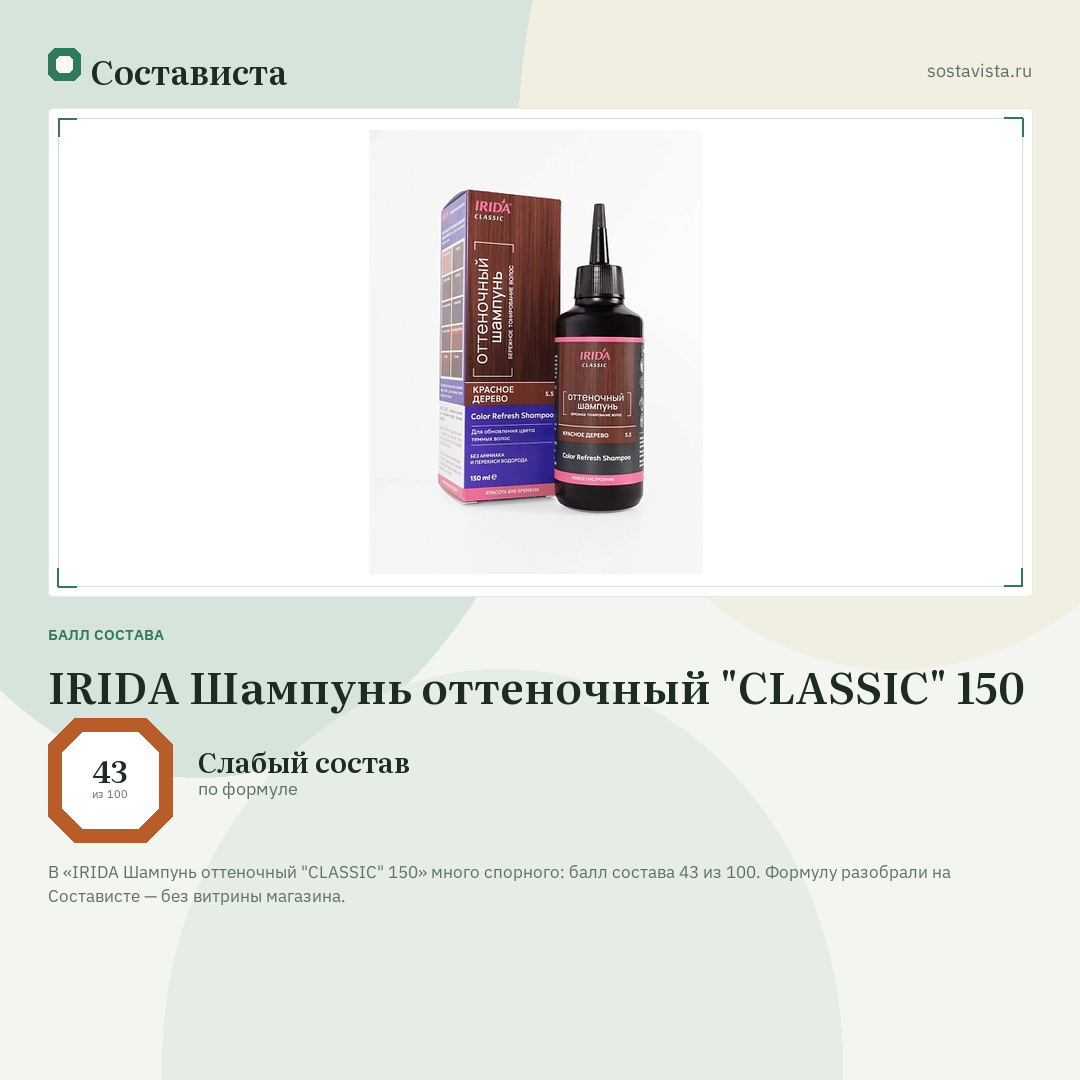 IRIDA Шампунь оттеночный "CLASSIC" 150: балл состава 43 из 100 — Состависта