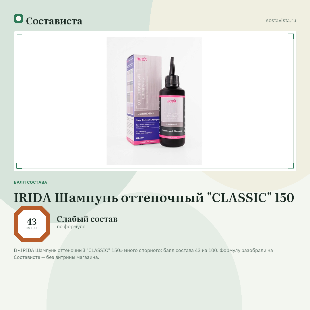 IRIDA Шампунь оттеночный "CLASSIC" 150: балл состава 43 из 100 — Состависта