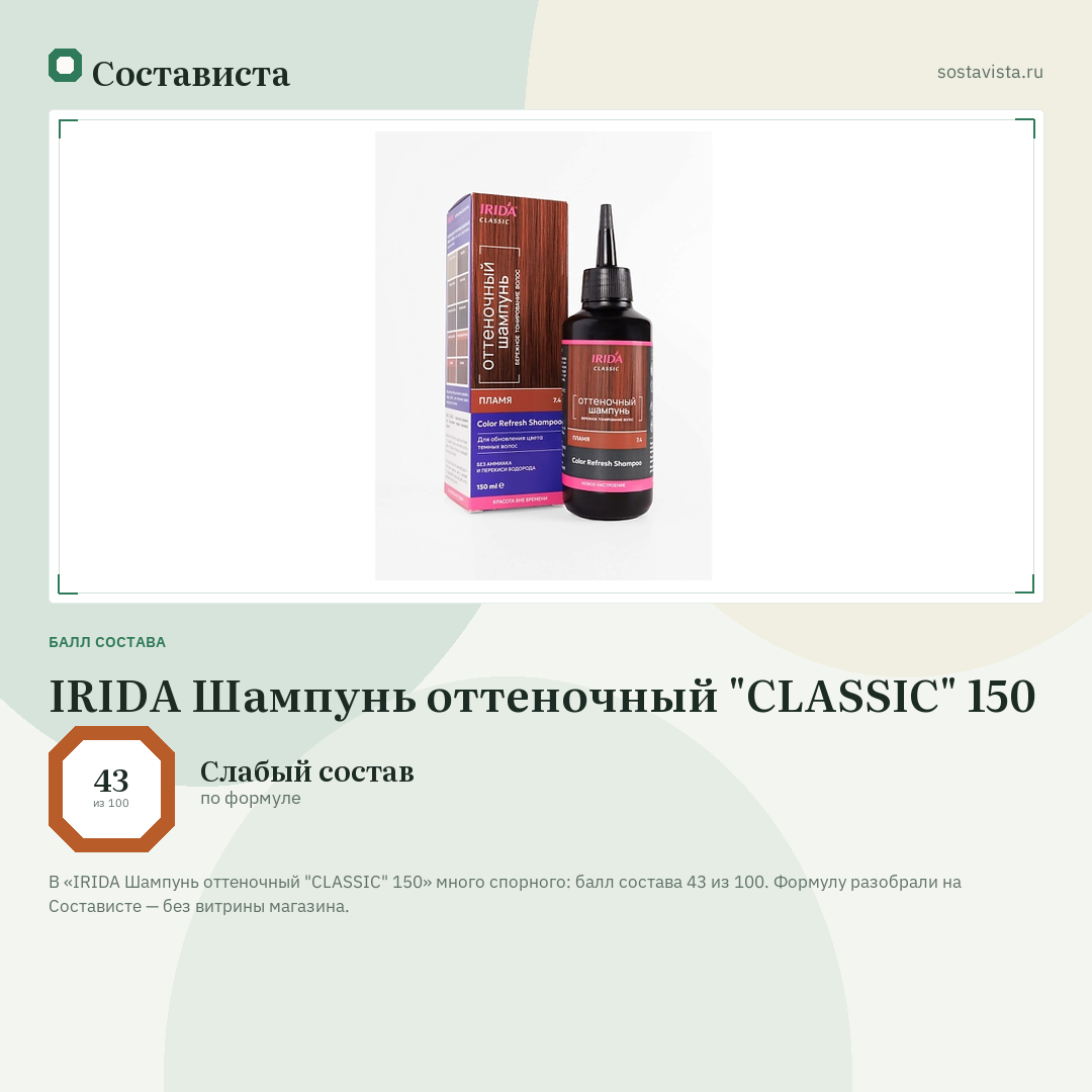 IRIDA Шампунь оттеночный "CLASSIC" 150: балл состава 43 из 100 — Состависта