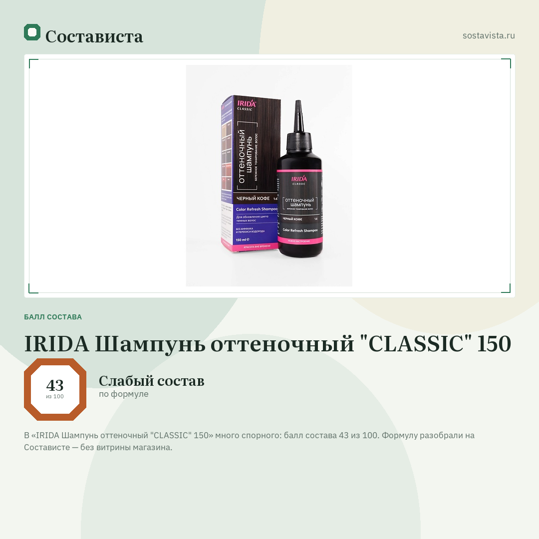 IRIDA Шампунь оттеночный "CLASSIC" 150: балл состава 43 из 100 — Состависта