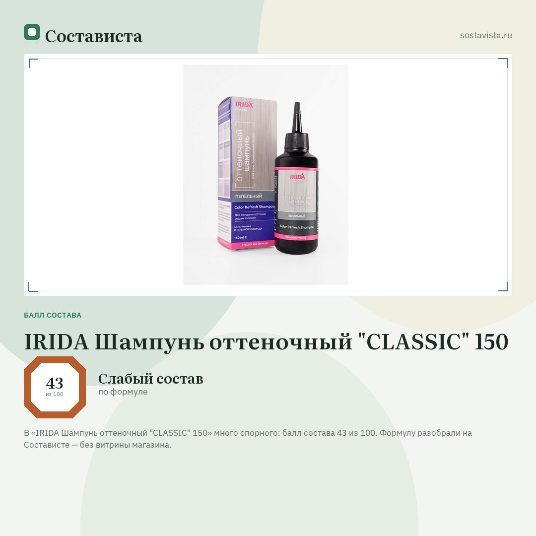 IRIDA Шампунь оттеночный "CLASSIC" 150: балл состава 43 из 100 — Состависта