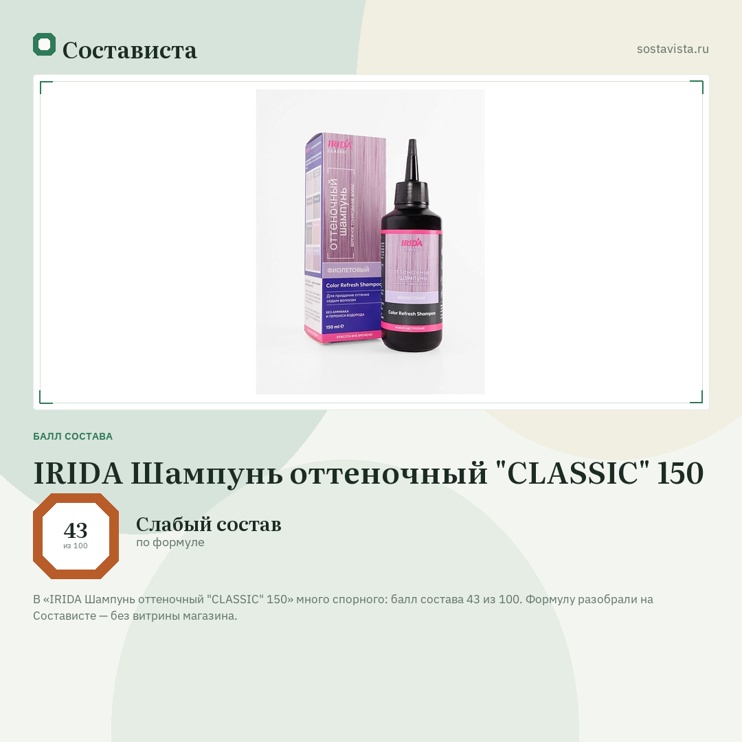 IRIDA Шампунь оттеночный "CLASSIC" 150: балл состава 43 из 100 — Состависта