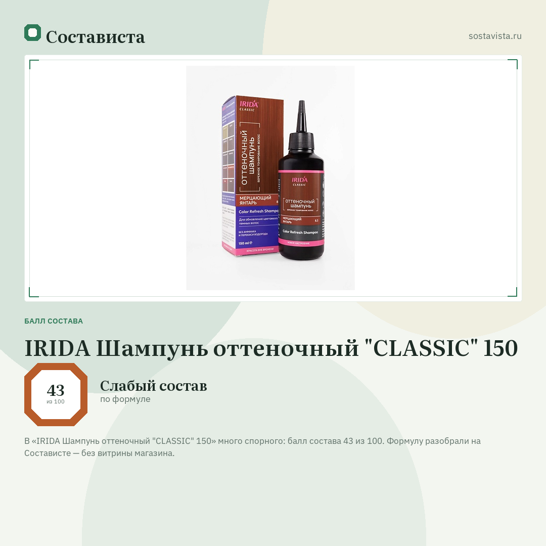 IRIDA Шампунь оттеночный "CLASSIC" 150: балл состава 43 из 100 — Состависта
