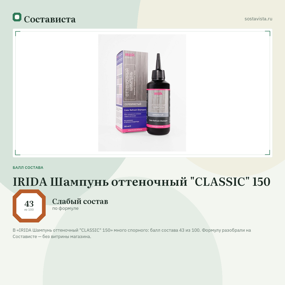 IRIDA Шампунь оттеночный "CLASSIC" 150: балл состава 43 из 100 — Состависта