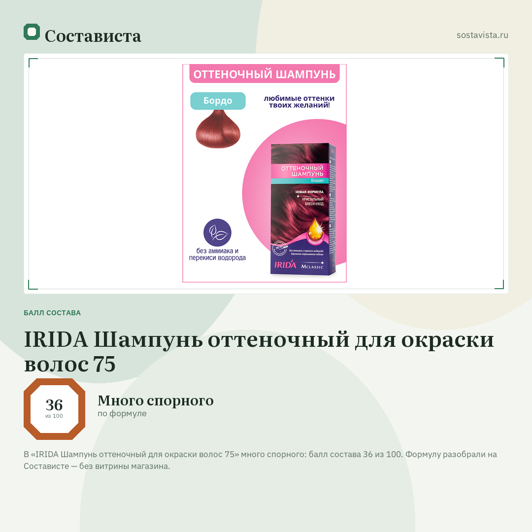 IRIDA Шампунь оттеночный для окраски волос 75: балл состава 36 из 100 — Состависта