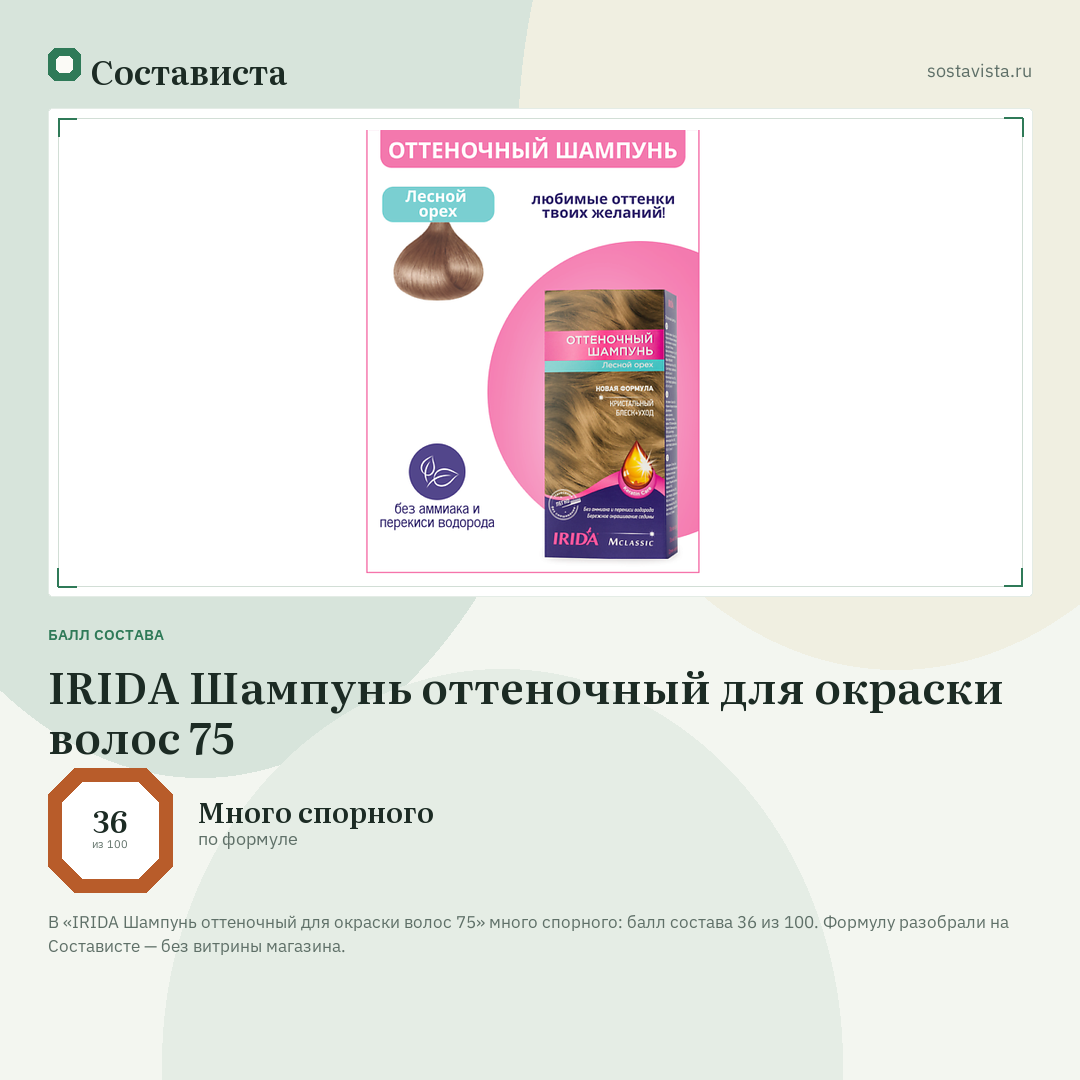 IRIDA Шампунь оттеночный для окраски волос 75: балл состава 36 из 100 — Состависта