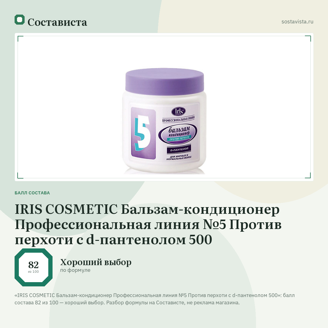 IRIS COSMETIC Бальзам-кондиционер Профессиональная линия №5 Против перхоти с d-пантенолом 500: балл состава 82 из 100 — Состависта