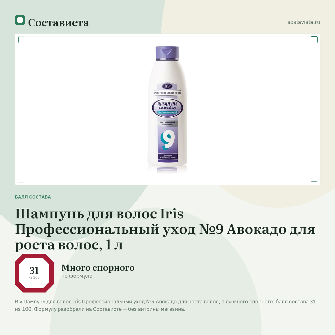 Шампунь для волос Iris Профессиональный уход №9 Авокадо для роста волос, 1 л: балл состава 31 из 100 — Состависта