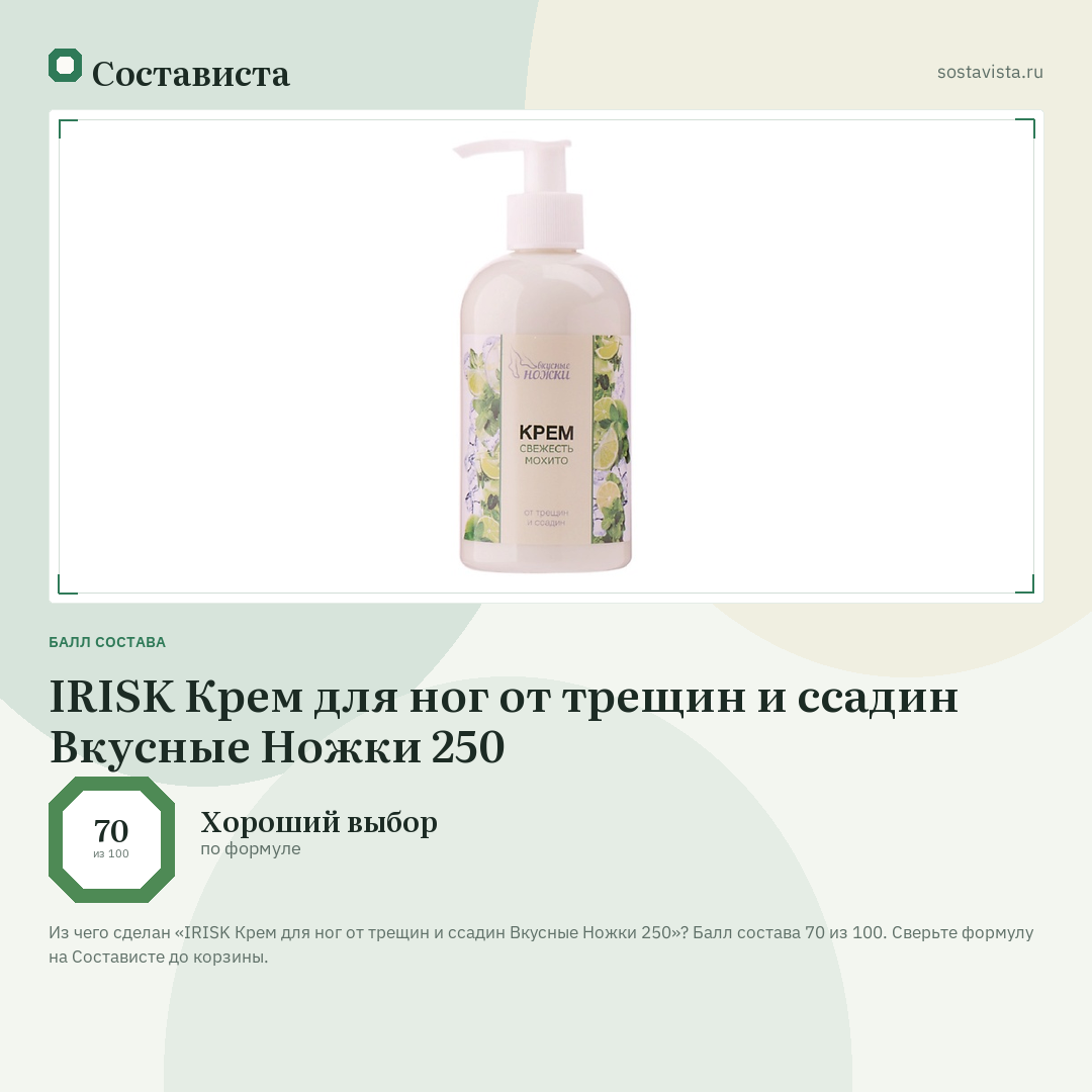 IRISK Крем для ног от трещин и ссадин Вкусные Ножки 250: балл состава 70 из 100 — Состависта
