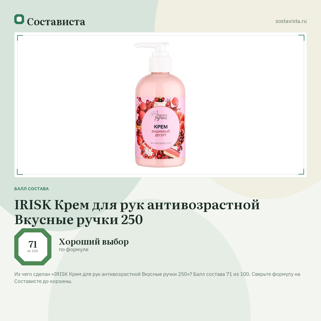 IRISK Крем для рук антивозрастной Вкусные ручки 250: балл состава 71 из 100 — Состависта