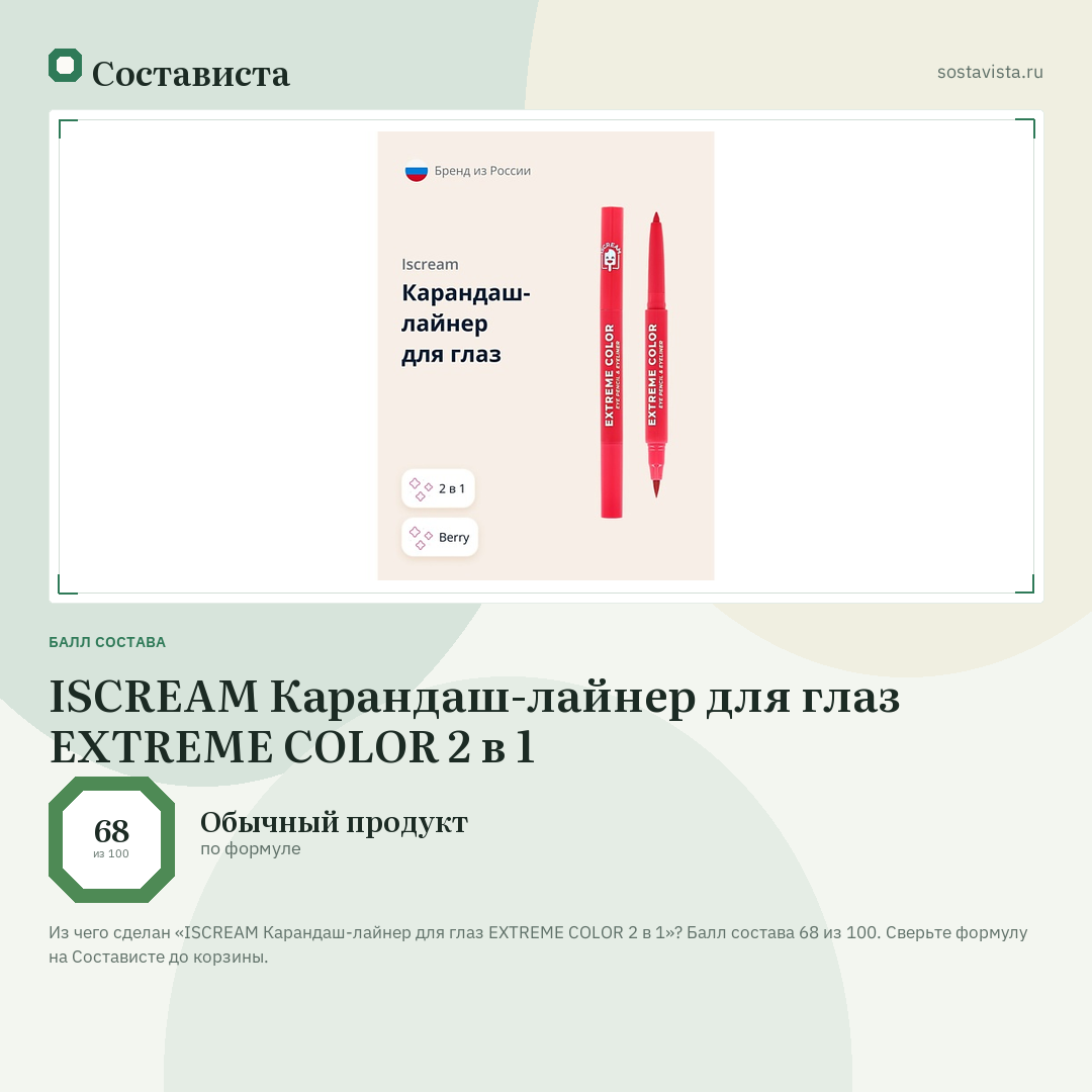 ISCREAM Карандаш-лайнер для глаз EXTREME COLOR 2 в 1: балл состава 68 из 100 — Состависта