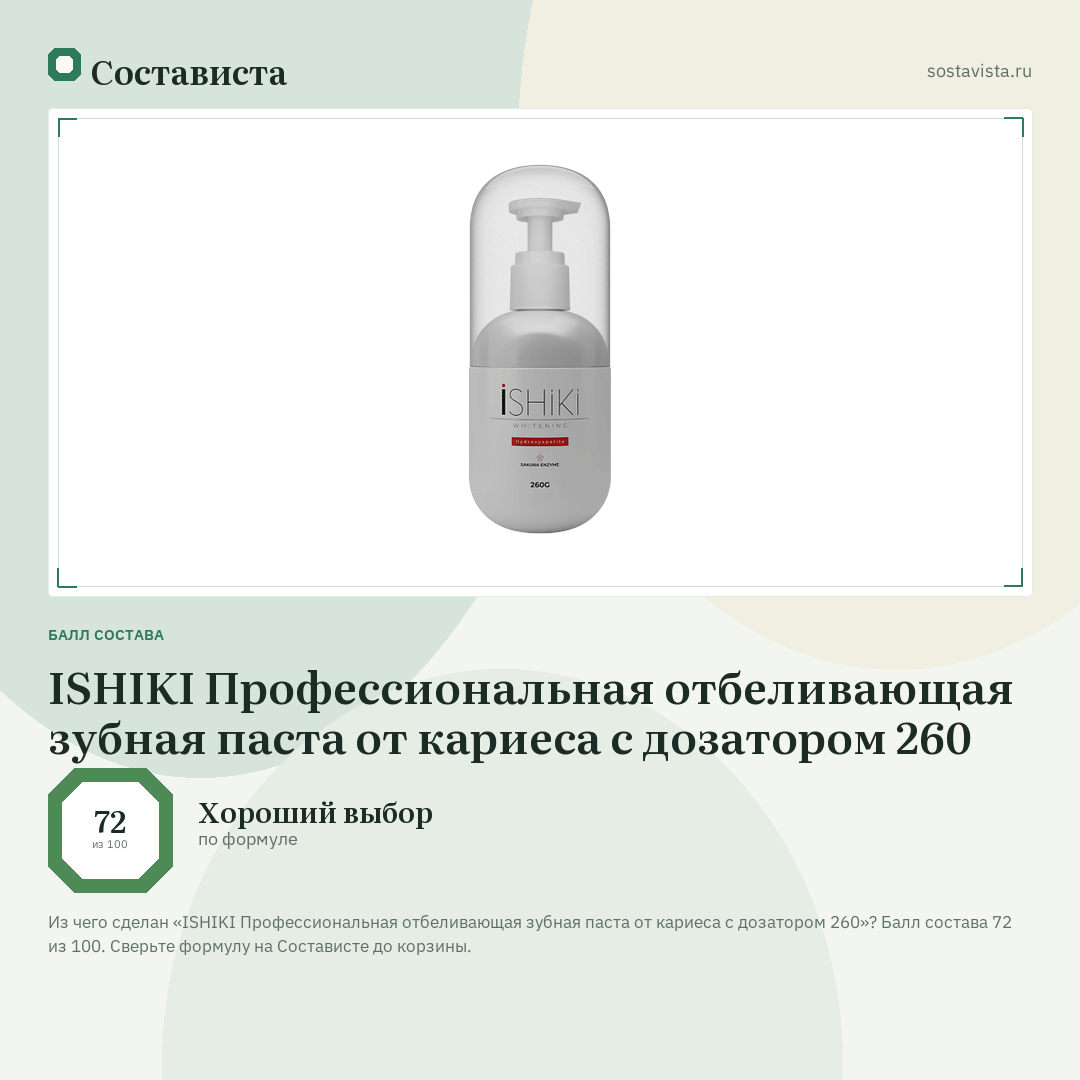 ISHIKI Профессиональная отбеливающая зубная паста от кариеса с дозатором 260: балл состава 72 из 100 — Состависта