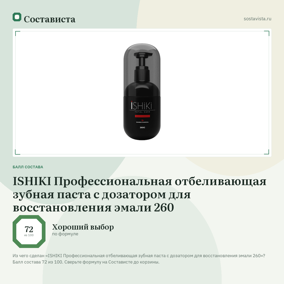 ISHIKI Профессиональная отбеливающая зубная паста с дозатором для восстановления эмали 260: балл состава 72 из 100 — Состависта