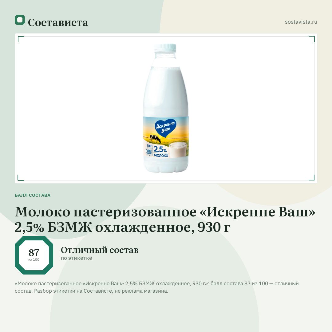 Молоко пастеризованное «Искренне Ваш» 2,5% БЗМЖ охлажденное, 930 г: балл состава 87 из 100 — Состависта